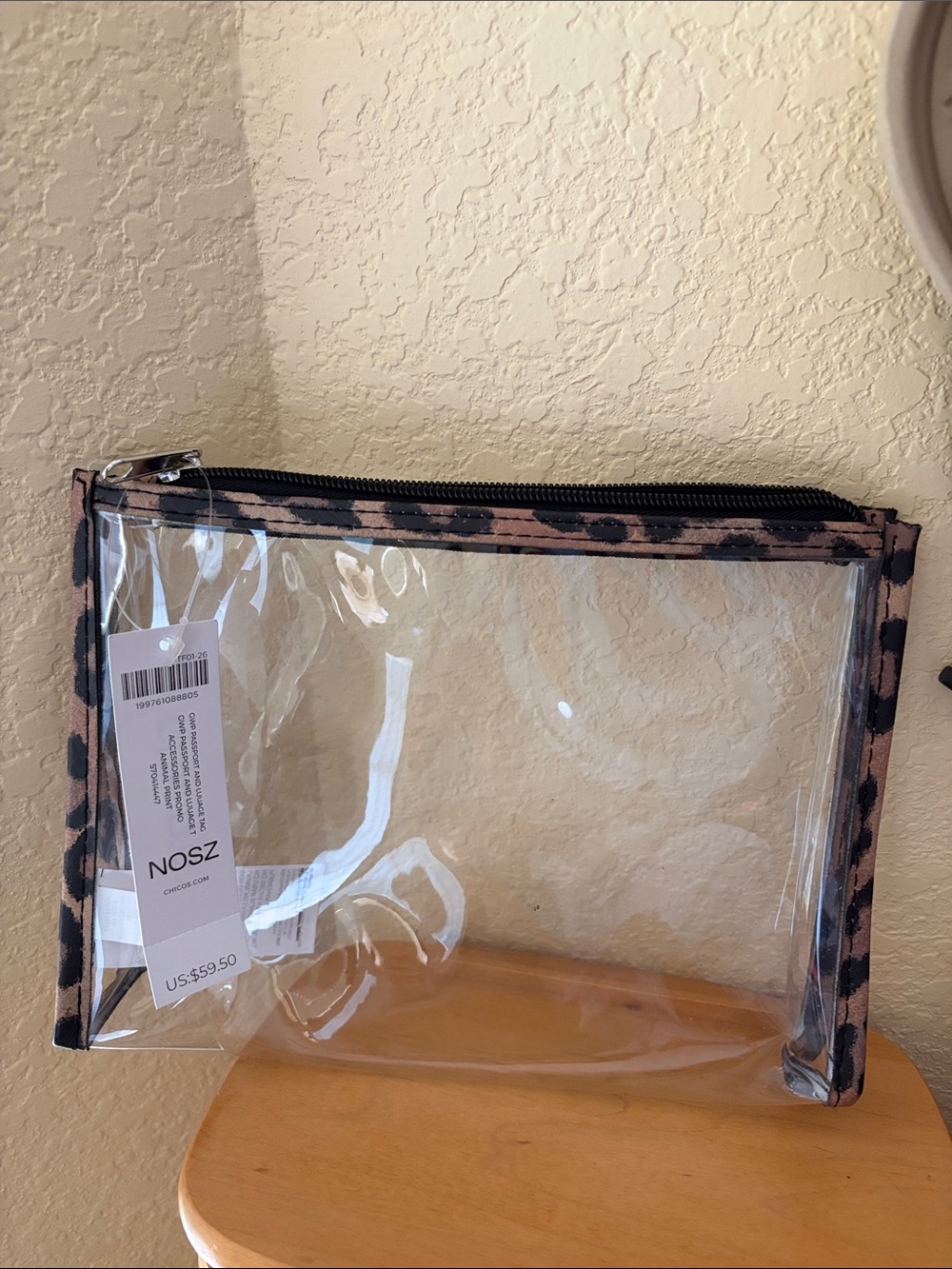 Chico's Clear Cosmetic Pouch with Leopard Trim - Brown/Black
